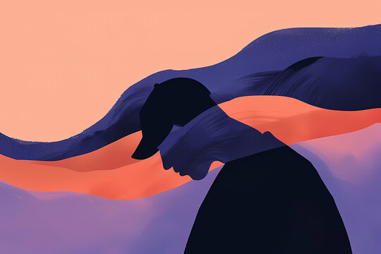 A contemplative young man of unspecified ethnicity wearing a cap, silhouetted against a vibrant sunset backdrop featuring flowing colors.