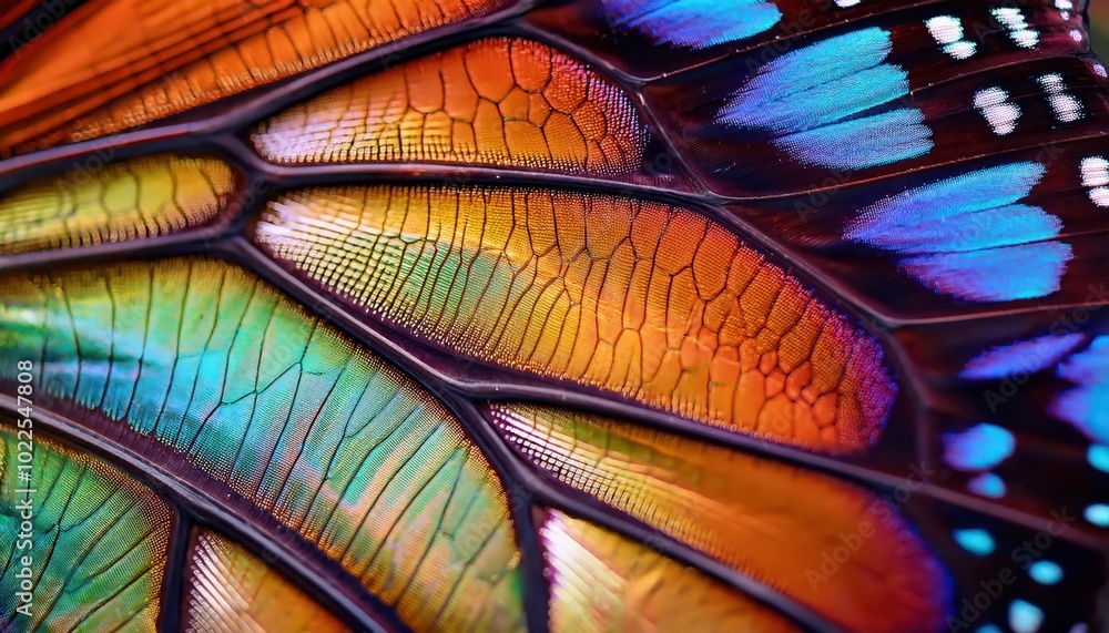 Poster Vibrant Macro Close-up of a Butterfly Wing Displaying a Spectrum of Iridescent Colors and Delicate Veins