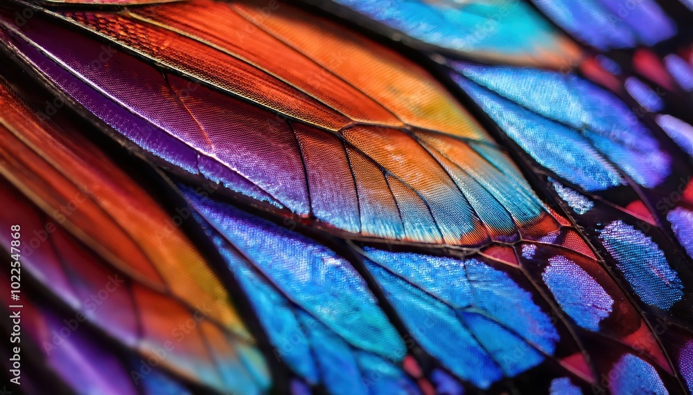 Poster Vibrant Macro Close-up of a Butterfly Wing Displaying a Spectrum of Iridescent Colors and Delicate Veins
