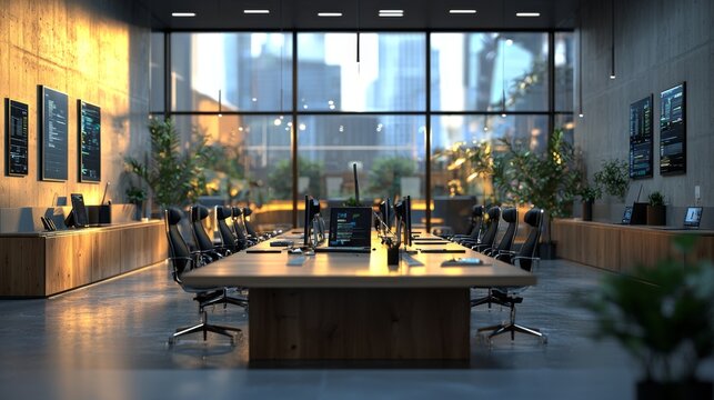 Modern office setup with remote work tools like laptops, smartphones, and headsets