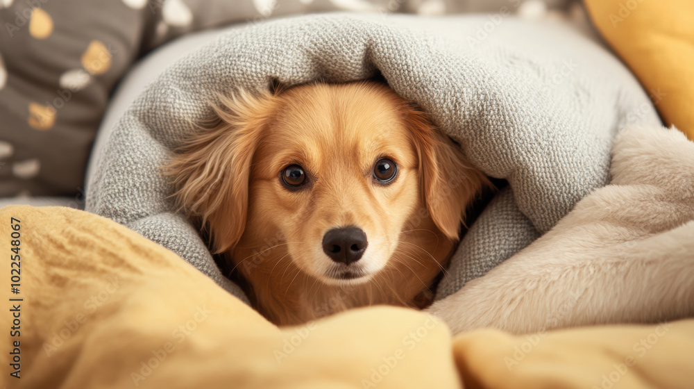 Aufkleber cozy puppy wrapped in soft blanket, looking curiously at camera. warm colors and textures create com