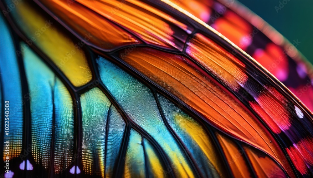 Poster Vibrant Macro Close-up of a Butterfly Wing Displaying a Spectrum of Iridescent Colors and Delicate Veins
