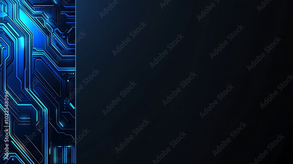 Poster abstract digital circuit board with blue glowing lines on black background.
