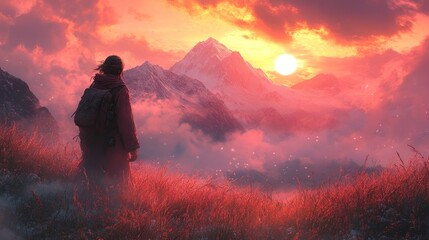 Obraz premium A traveler gazes at a vibrant sunset over majestic mountains.
