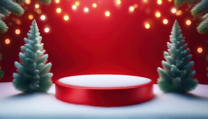 Red podium with snow for presentation with spruce trees, Christmas or New Year's decoration.