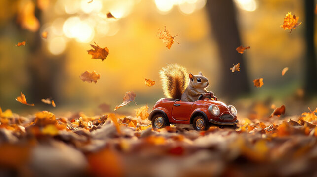 squirrel in tiny car drives through autumn landscape filled with colorful leaves. scene captures playful spirit of season, evoking joy and wonder