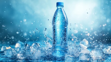 A plastic bottle of water with water droplets and ice cubes.