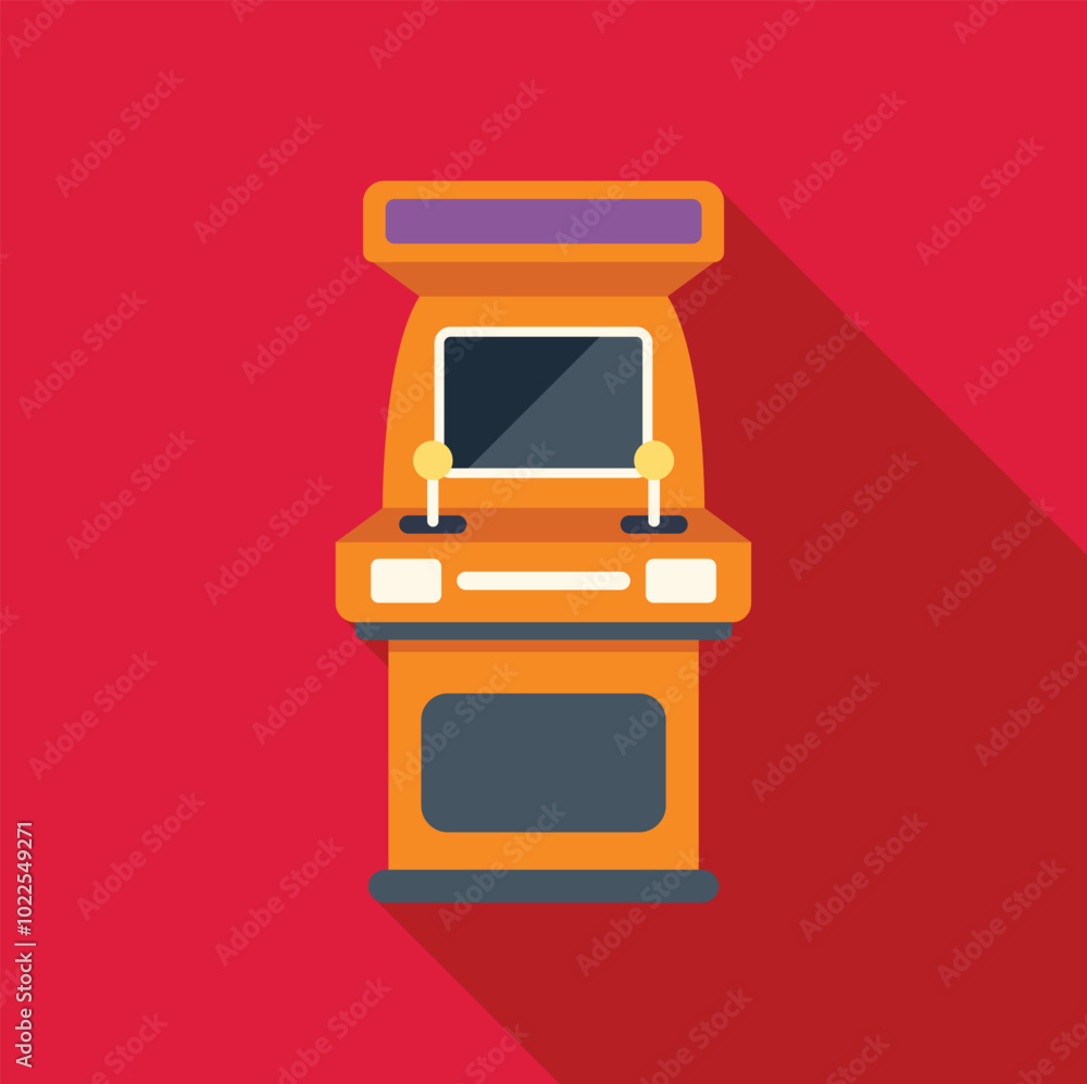 Poster orange arcade game console with joysticks and screen standing on red background
