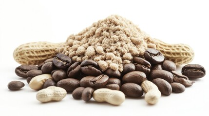A composition of peanuts, brown sugar, and coffee beans, highlighting food ingredients.