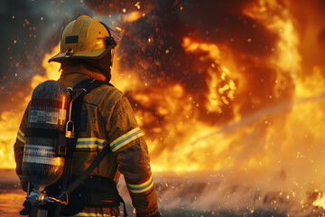 Fototapeta premium A brave firefighter, wearing protective gear, confronts a massive blaze, embodying courage amidst the chaos of flames and smoke.