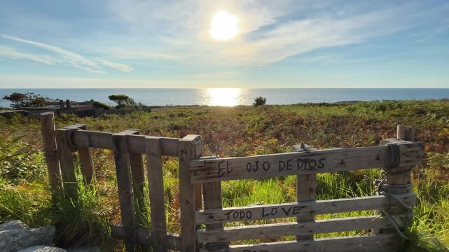 Vast Horizon of North Atlantic Ocean near the Coast of Spain with Spanish Words on Wooden Pallet