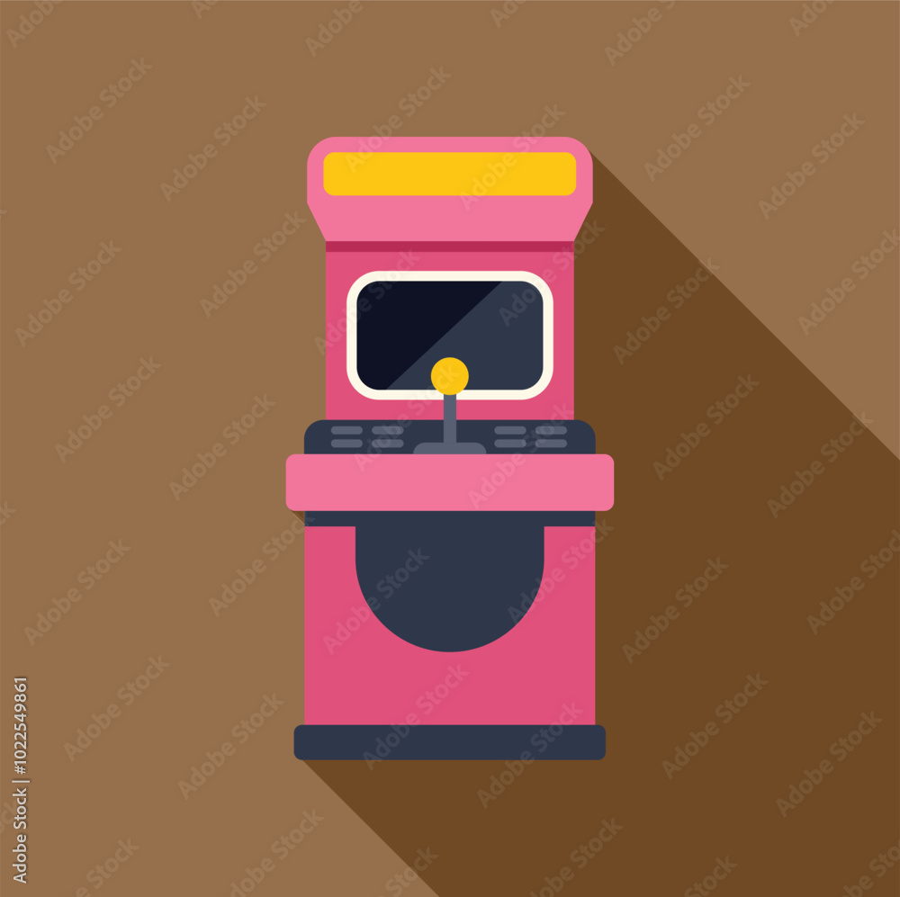 Poster pink arcade game terminal with joystick and buttons is standing on brown background