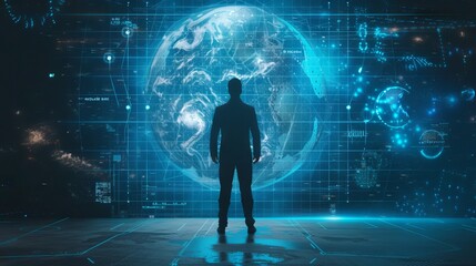 Businessman showcasing futuristic metaverse technology with digital innovation graphics, highlighting advancements in virtual business processing and modern technology trends