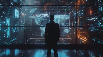 Businessman showcasing futuristic metaverse technology with digital innovation graphics, highlighting advancements in virtual business processing and modern technology trends