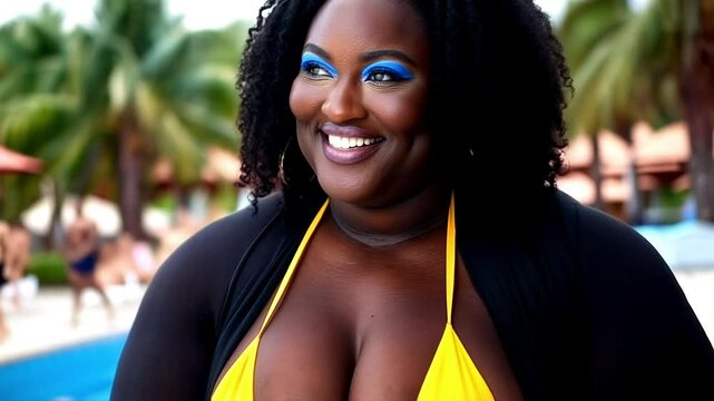 A black woman with blue eyeshadow smiles and looks to the right, wearing a yellow bikini and a black sheer top, standing near a pool with palm trees 

