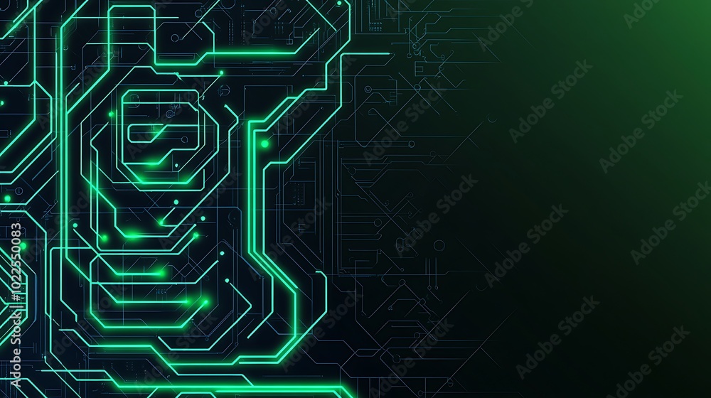 Poster abstract digital circuit board with glowing green lines on a dark background.