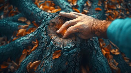 Hands carefully placed on the weathered surface of an ancient tree bark, fingertips absorbing its warmth, as the moment embodies mindfulness and the healing power of nature’s touch.