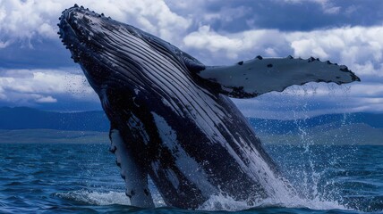 Majestic humpback whale breaching in ocean spectacular display.