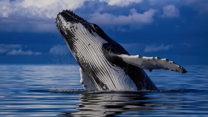 Humpback whale jumps over water. Madagascar. To the horizon of the sky