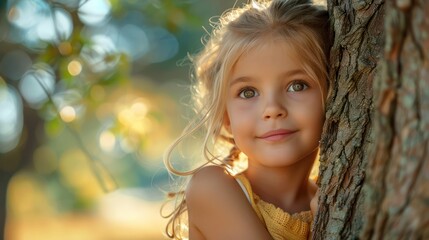 The little girl hugs the big tree in the forest, symbolizing the connection between humans and nature. concept nature and people.