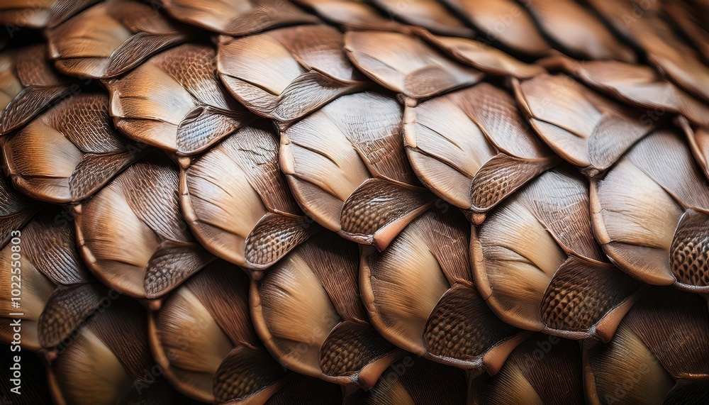 Poster close-up detail of brown overlapping textured scales with a soft gradient background in natural ligh