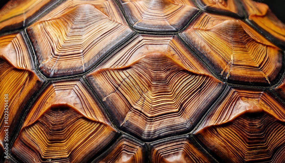 Poster close-up of a tortoise shell with intricate natural patterns and textured grooves in warm amber and 
