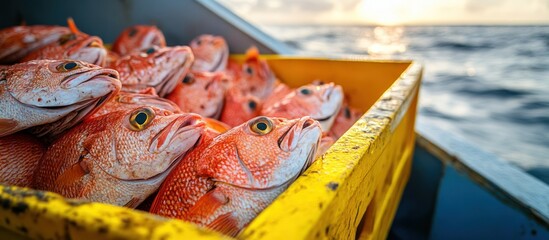 Freshly caught red fish in a yellow crate on a boat with the ocean and sunset in the background.