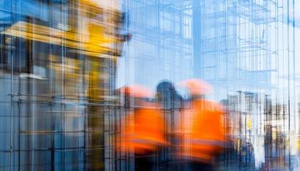construction workers in motion, captured with long exposure and blurry effects to emphasize the dynamic nature of their work at an industrial site, with a glass building exterior reflecting light  