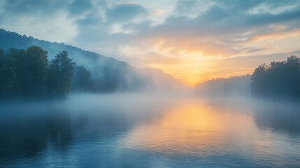 Obraz premium Majestic river with fog rolling over the surface at dawn