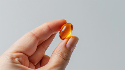 Female hand holding in fingers capsule medicine. Taking vitamins, painkillers, medications, and dietary supplements. Disease prevention treatment, healthcare, planning for pregnancy, weight loss