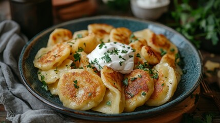 A plate of golden brown pierogies topped with sour cream and fresh parsley.