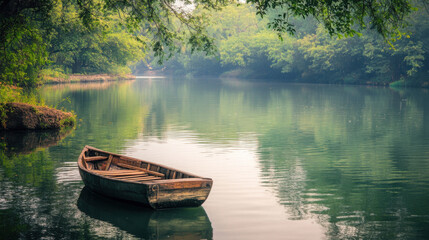 Fototapeta premium Scenic view of a tranquil river with a small wooden boat floating gently