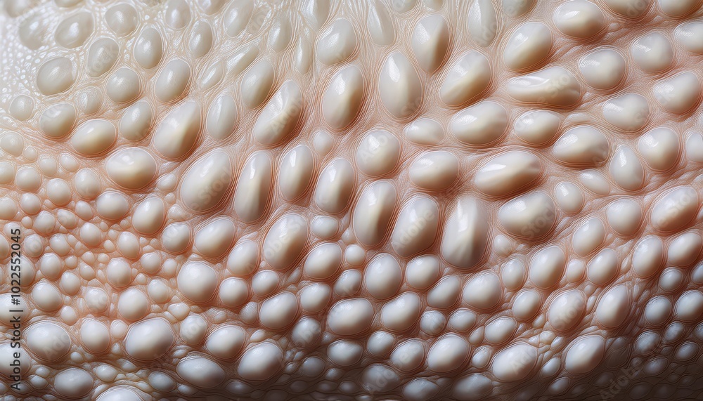 Poster close-up of a gecko's textured skin with shiny, pearlescent scales in soft natural light, showing de