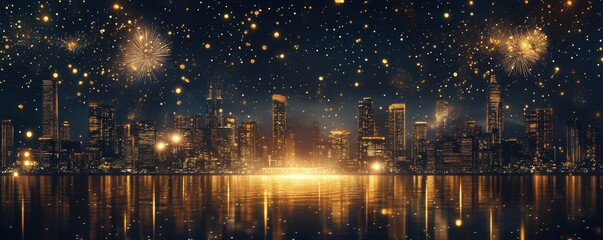 Obraz premium Beautiful skyscrapers with fireworks illuminating dark night sky,cityscape,Firework celebrate anniversary happy new year,Countdown,bye this year and hello next year,copy space.