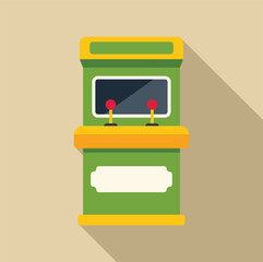 Green and yellow arcade game console with joysticks and blank space for your text