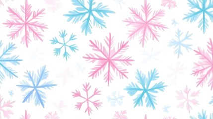Seamless pattern of hand-drawn, pastel-colored snowflakes on a white background