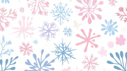 Seamless pattern of hand-drawn, pastel-colored snowflakes on a white background