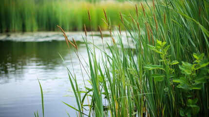 Fototapeta premium Close-up of river reeds and aquatic plants along the river edge