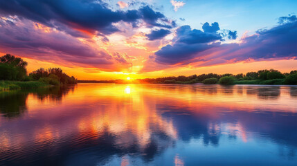 Obraz premium Colorful sunset over a river with dramatic sky reflections on the water