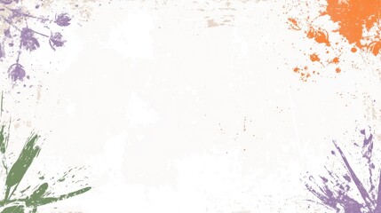 A textured background with a blank center, adorned with colorful splashes and floral elements.