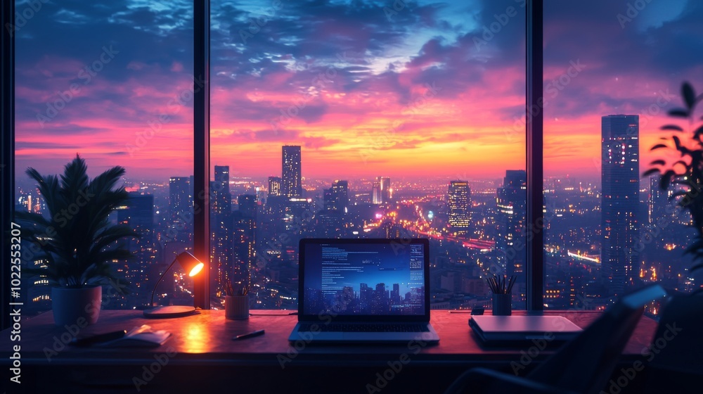 Poster remote work balancing productivity and flexibility with a home office and a cityscape view