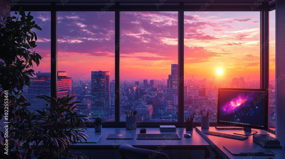 Poster remote work balancing productivity and flexibility with a home office and a cityscape view
