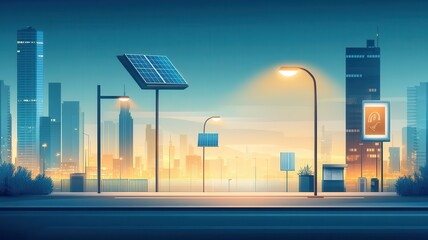 Sustainable smart eco city and greenery concept. Automated energy-efficient streetlights powered by solar panels in a smart eco-city close up on urban lighting tech energy conservation