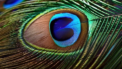 Obraz premium Vibrant Close-up of a Peacock Feather's Iridescent Eye Pattern Highlighting Rich Greens, Blues, and Golds