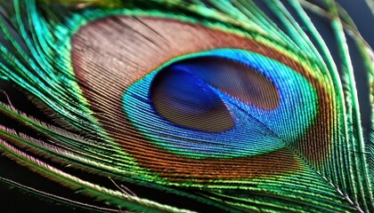 Naklejka premium Vibrant Close-up of a Peacock Feather's Iridescent Eye Pattern Highlighting Rich Greens, Blues, and Golds