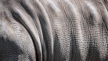 Close-up Texture of Rhinoceros Skin Showing Deep Wrinkles and Rough Patterns in Natural Light, Highlighting the Unique Characteristics of the Thick, Protective Hide