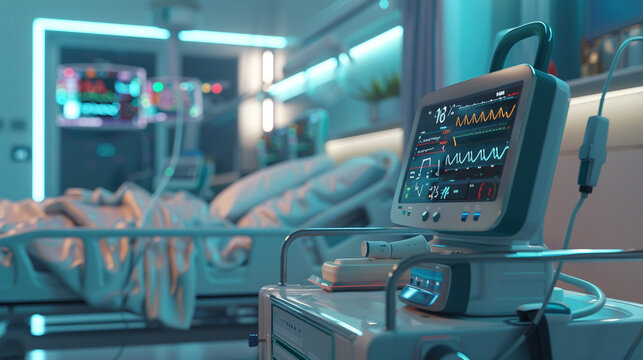 High-tech ventilator in hospital ICU room. Ventilator machine monitoring patients in a hospital room during the day. Lack of medical equipment concept