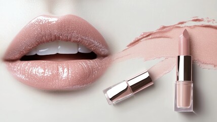 Obraz premium Beige nude tone lipstick make up isolated on a studio background,natural Liquid lipsticks,makeup cosmetic lips, product mockup for beauty fashion business,sale,swatch color,template.