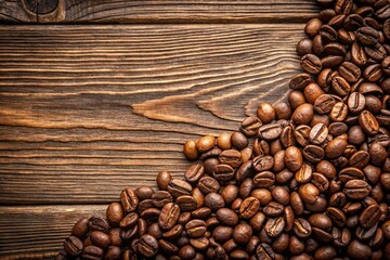 Fototapeta premium A pile of coffee beans on a wooden surface