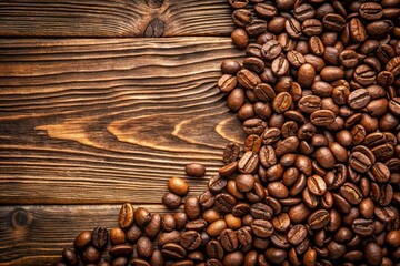 Fototapeta premium A pile of coffee beans on a wooden surface